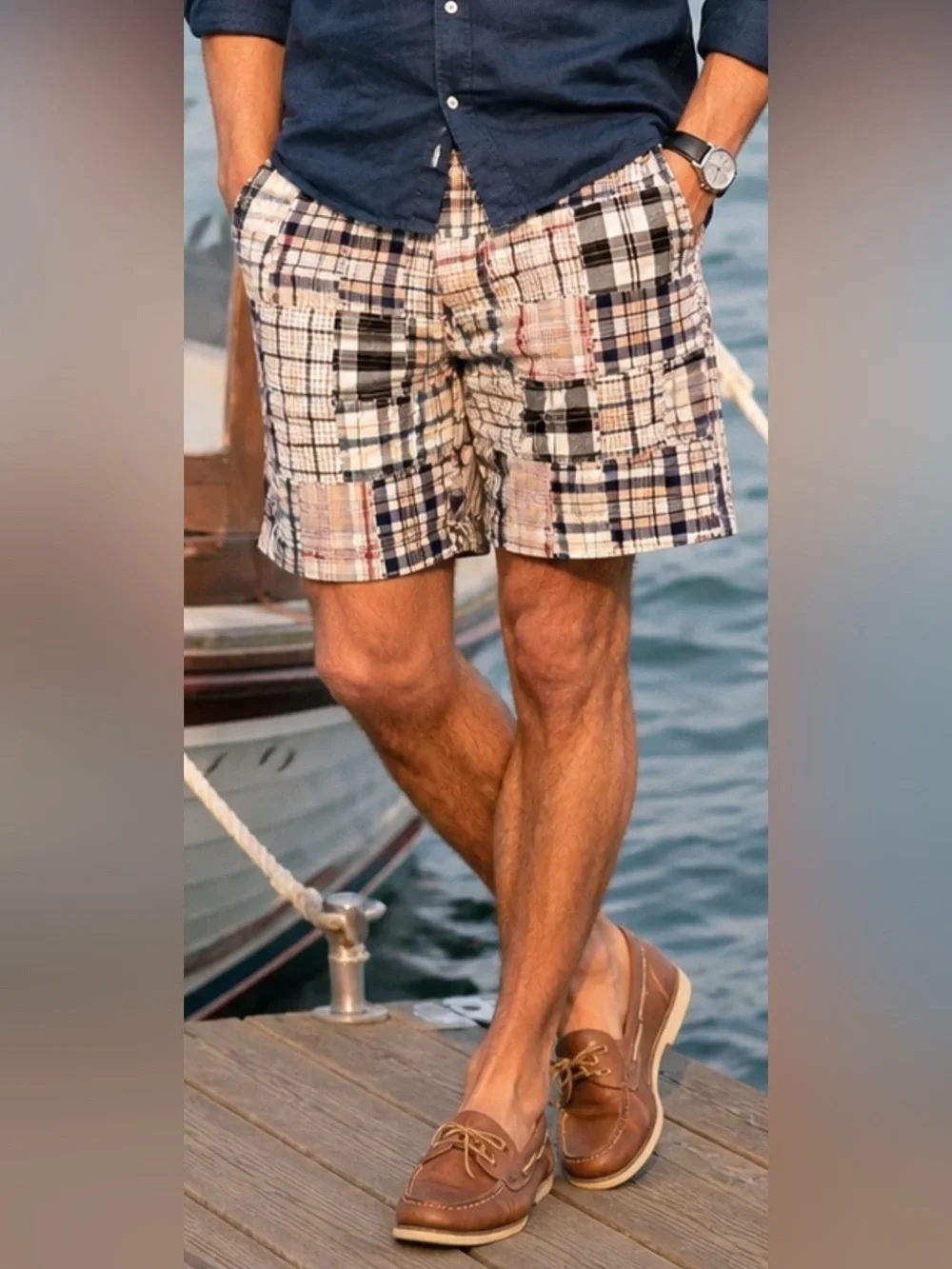 J. Crew Men's Patchwork Plaid Cotton Shorts - Navy/Beige/Black